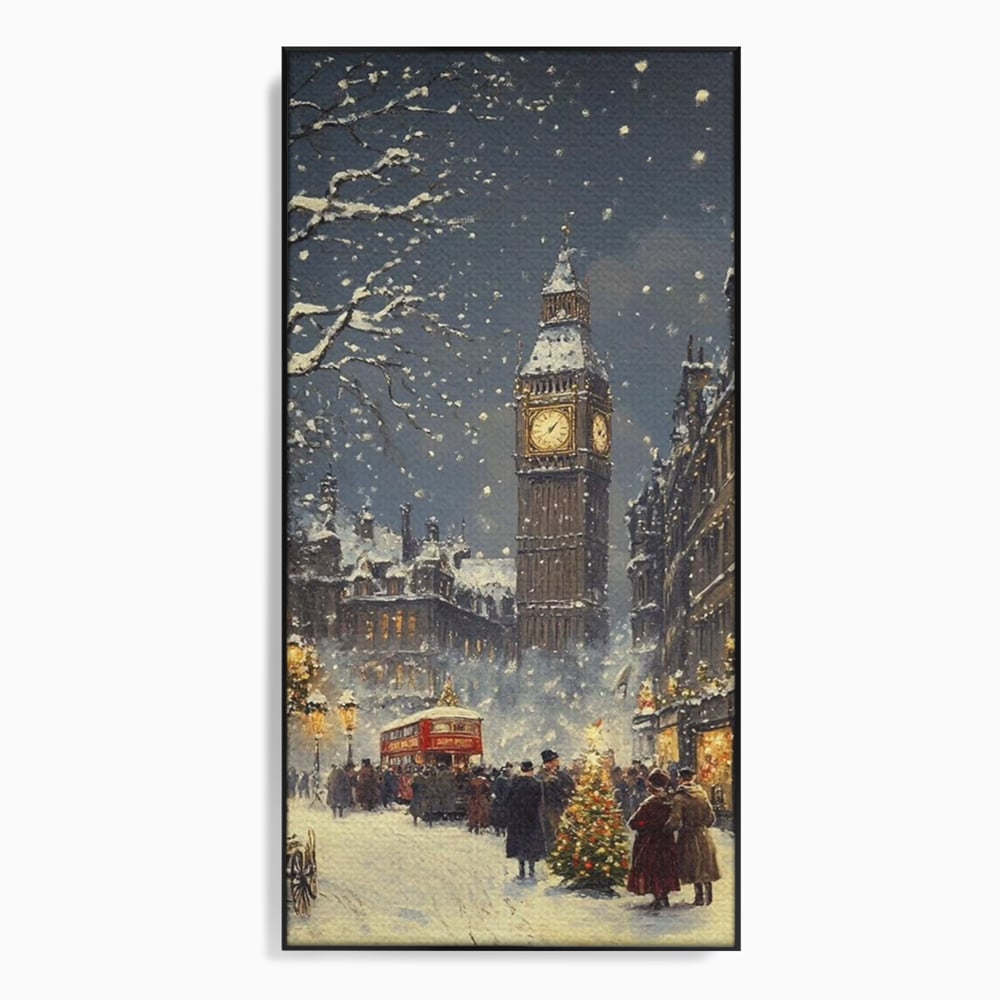 Tablou canvas cu ilustratie iarna cu turnul ceasului, in rama de aluminiu negru